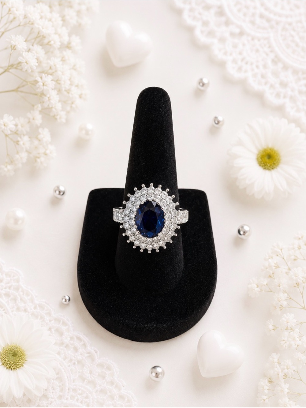 Elegant Silver-Tone Oval Dark Blue Stone With Cluster of White-Statement Ring